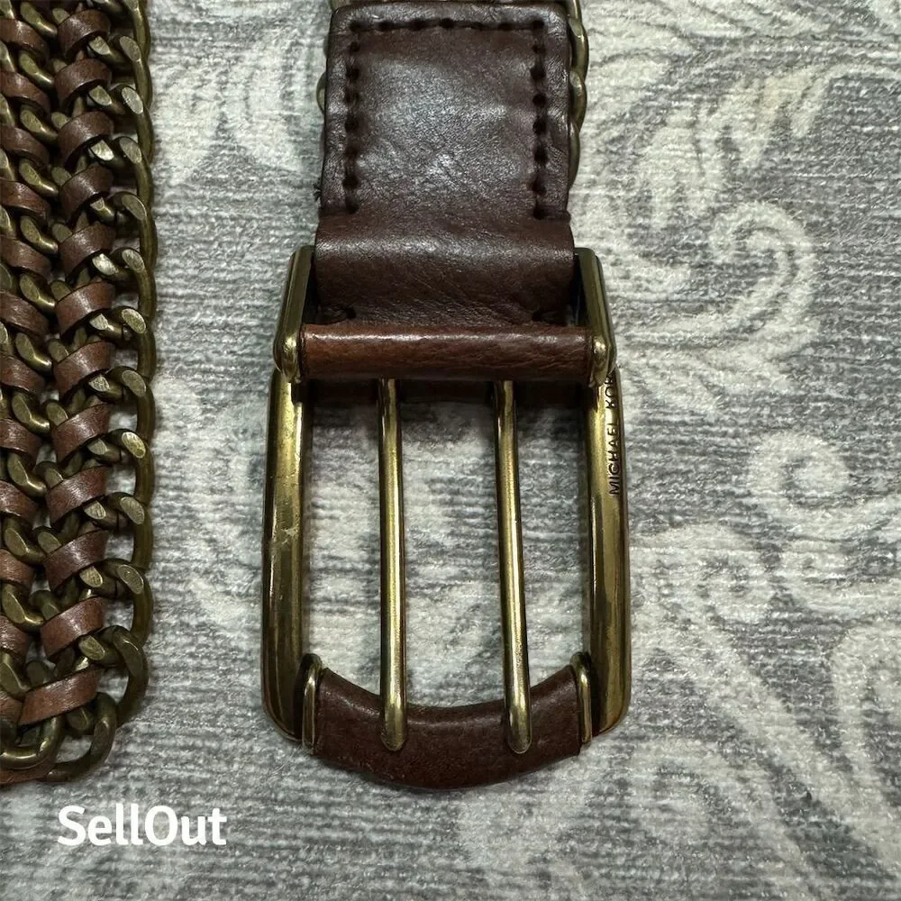 Men's Brown Braided Michael Kors Brass & Leather Belt with Brass Buckle